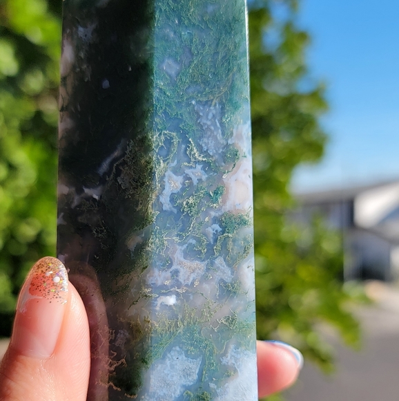 NEW 8.5" MOSS AGATE WITH BLUE CHALCEDONY TOWER - Picture 4 of 12